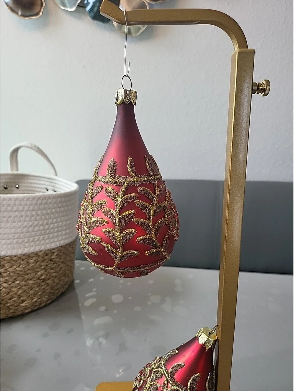 Vintage Set Mercury Glass Finial Red Gold Rhinestones Christmas Ornament 5.5